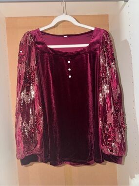 Women’s Velvet Sequin Balloon Sleeve Top - Dark Burgundy/Maroon